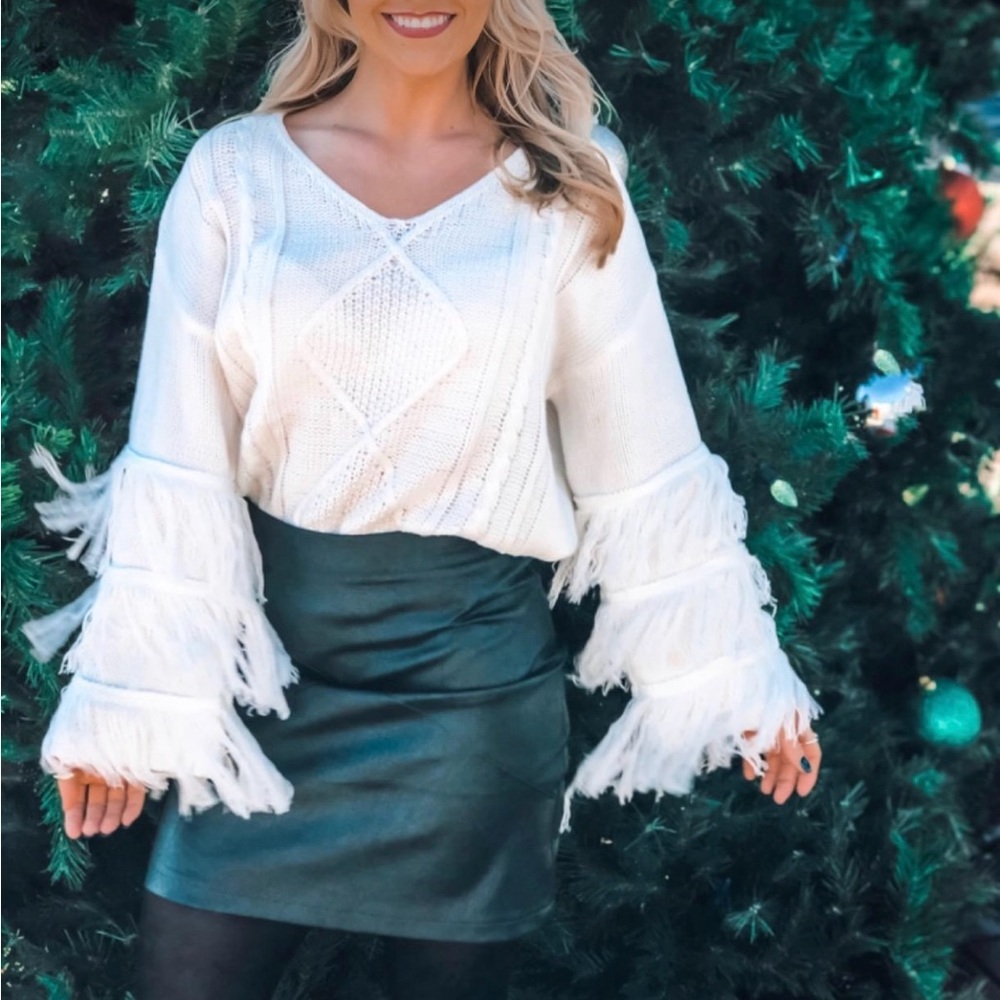 White Fringe Bell Sleeve Sweater